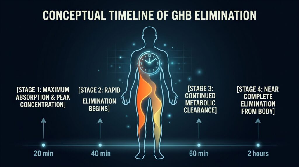 Halbwertszeit von GHB im Körper – Zeitleiste von 20 bis 60 Minuten